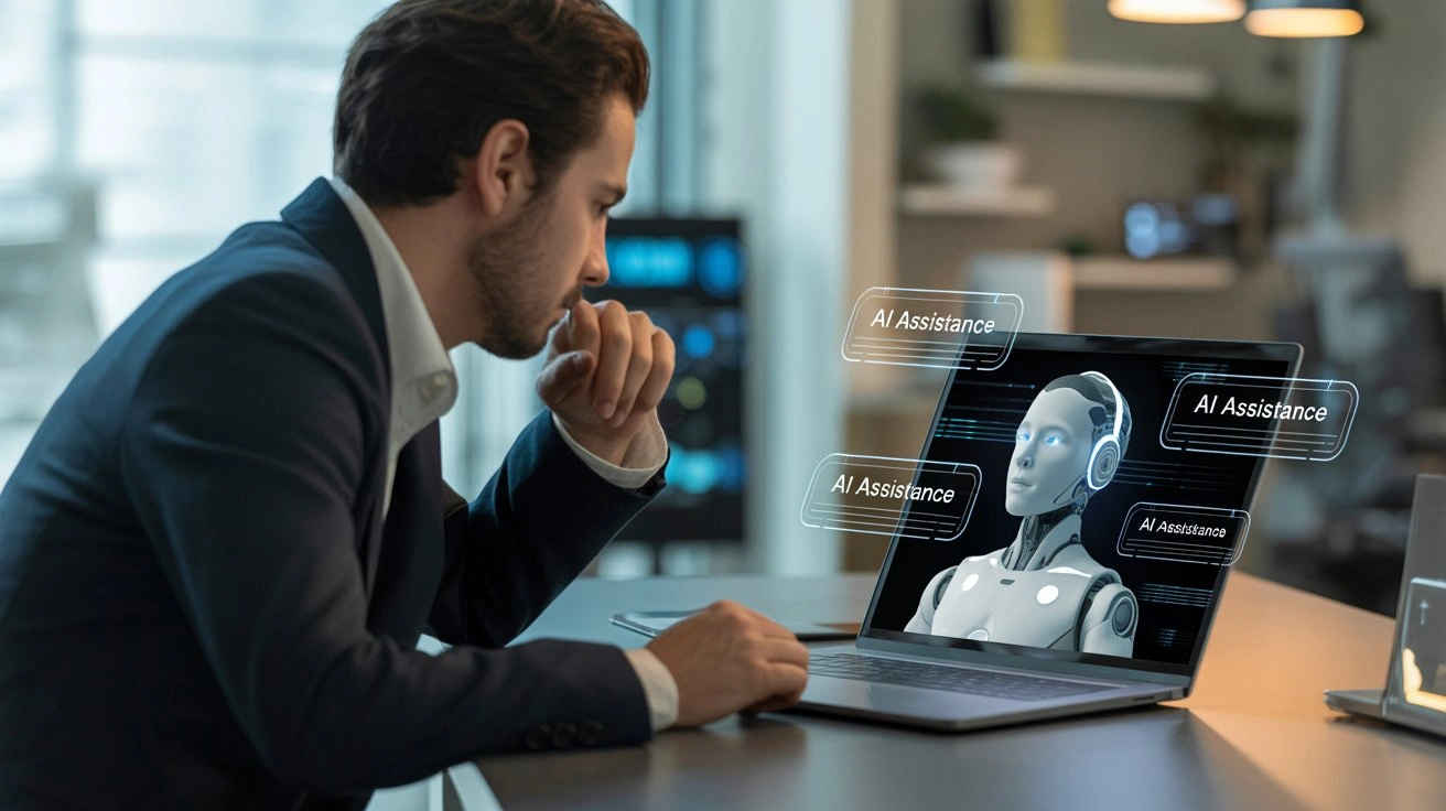 A developer preparing for a coding interview with an AI assistant on a laptop screen