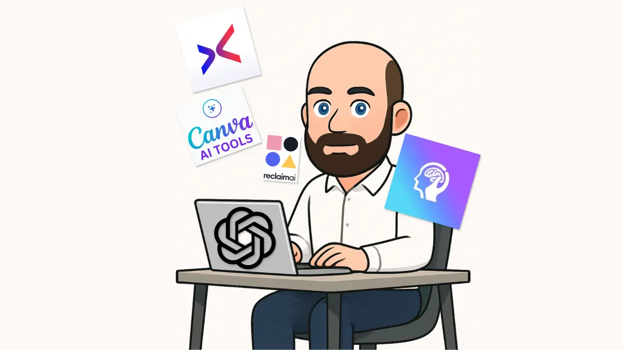 An illustrated worker at a laptop surrounded by floating AI tool logos, representing a month-long AI productivity experiment