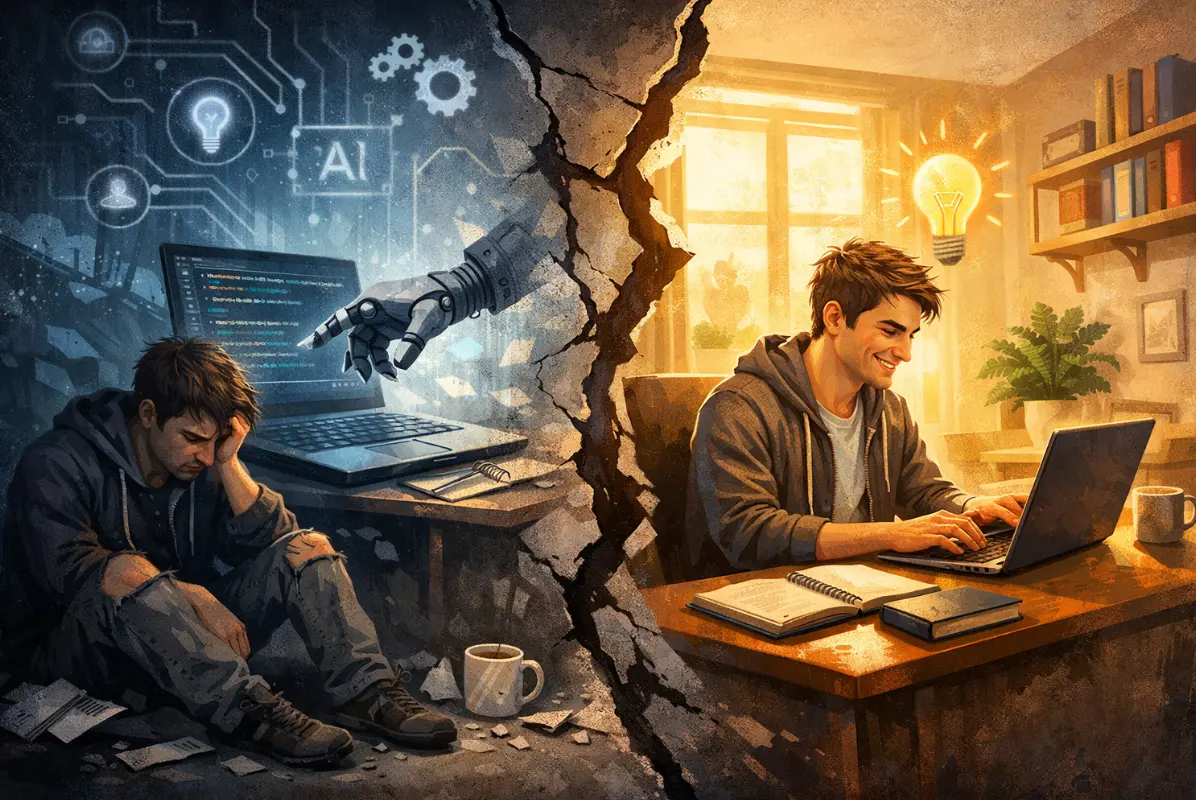 Split illustration of a developer struggling at a dark desk on one side and working calmly in warm light on the other, representing coding with and without AI assistance