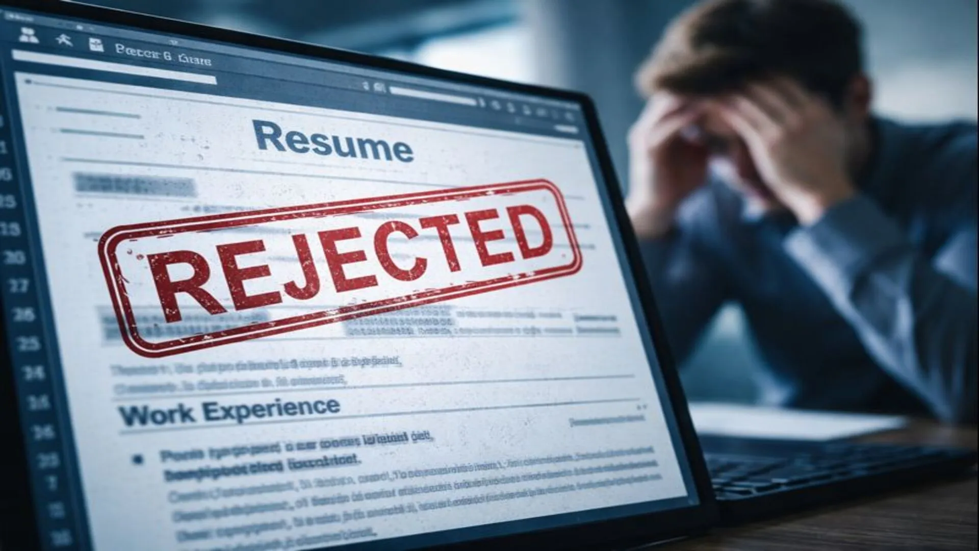 A resume on a laptop screen stamped rejected, with a job applicant sitting behind it with his head in his hands