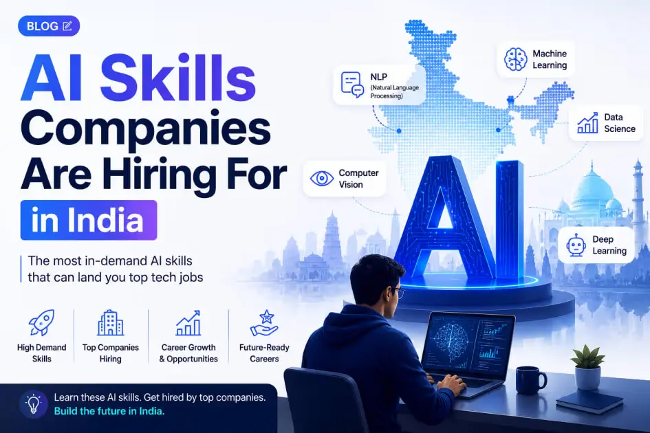 Illustration of the most in-demand AI skills Indian companies are hiring for in 2026, including machine learning, NLP, computer vision, data science and deep learning