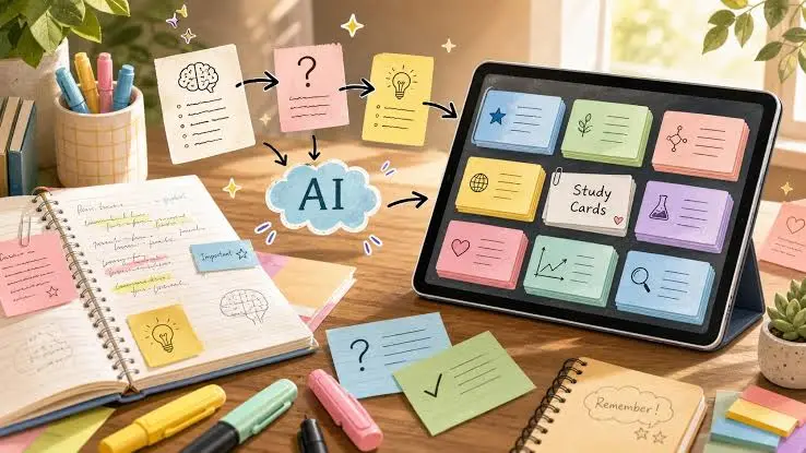 Handwritten class notes on a desk beside a tablet showing AI-generated study flashcards